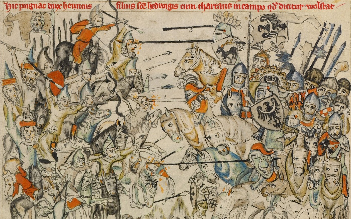 Středověká miniatura bitvy u Lehnice roku 1241: mongolští lučištníci proti slezskému rytířstvu vévody Jindřicha II.